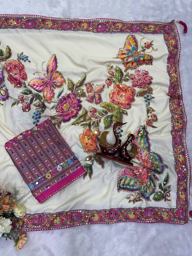 white color butterfly and floral print sequins and real mirror work chinnon silk blend saree