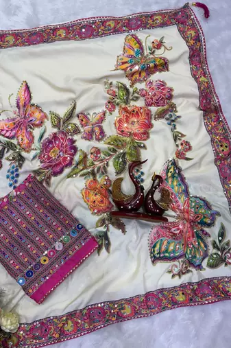 white color butterfly and floral print sequins and real mirror work chinnon silk blend saree