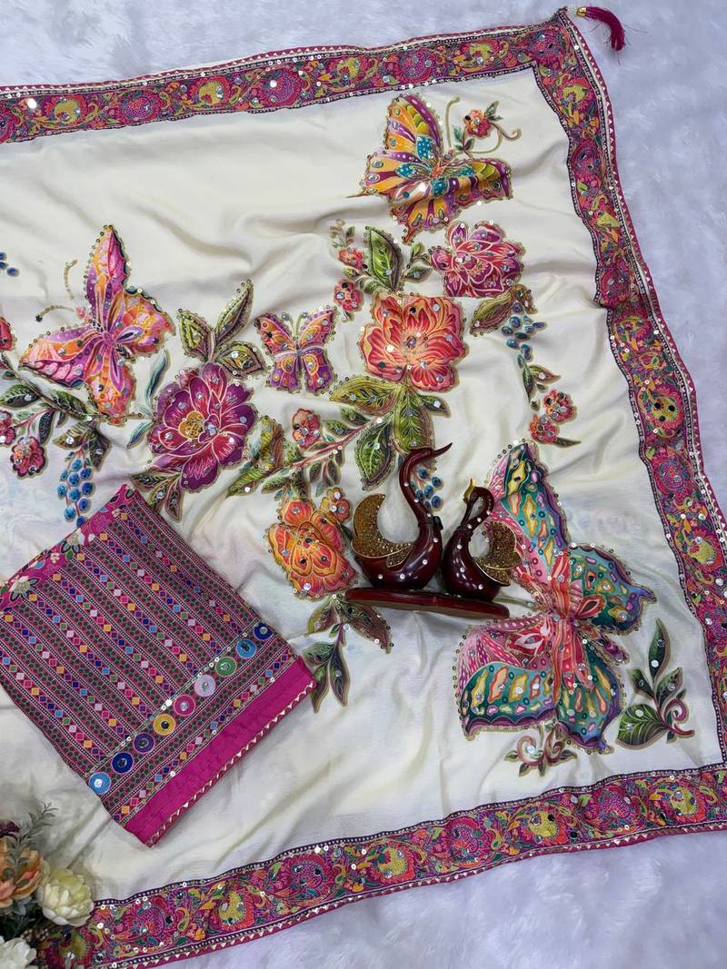 white color butterfly and floral print sequins and real mirror work chinnon silk blend saree