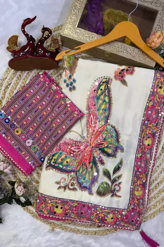 white color butterfly and floral print sequins and real mirror work chinnon silk blend saree