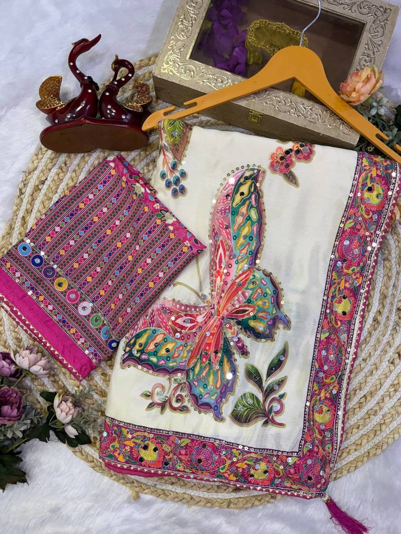 white color butterfly and floral print sequins and real mirror work chinnon silk blend saree