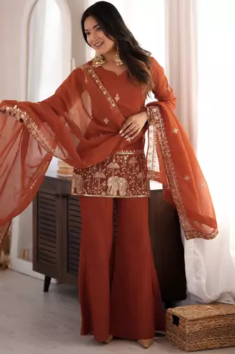 Women's rust embroidered crunchy silk kurta with bell bottom pant and dupatta festive ethnic suit set