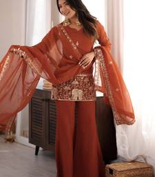 Women's rust embroidered crunchy silk kurta with bell bottom pant and dupatta festive ethnic suit set