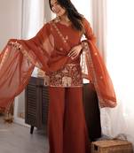 Women's rust embroidered crunchy silk kurta with bell bottom pant and dupatta festive ethnic suit set