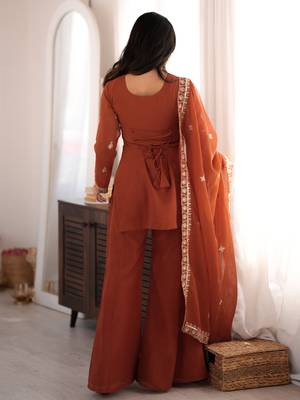 Women's rust embroidered crunchy silk kurta with bell bottom pant and dupatta festive ethnic suit set 2
