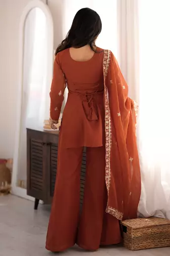 Women's rust embroidered crunchy silk kurta with bell bottom pant and dupatta festive ethnic suit set