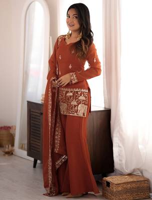 Women's rust embroidered crunchy silk kurta with bell bottom pant and dupatta festive ethnic suit set 3