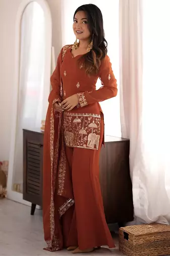 Women's rust embroidered crunchy silk kurta with bell bottom pant and dupatta festive ethnic suit set