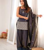 Women's charcoal grey embroidered vichitra silk straight kurta with farshi salwar and dupatta ethnic suit set