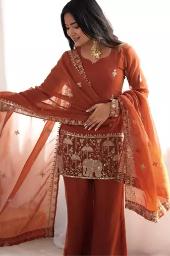 Women's rust embroidered crunchy silk kurta with bell bottom pant and dupatta festive ethnic suit set