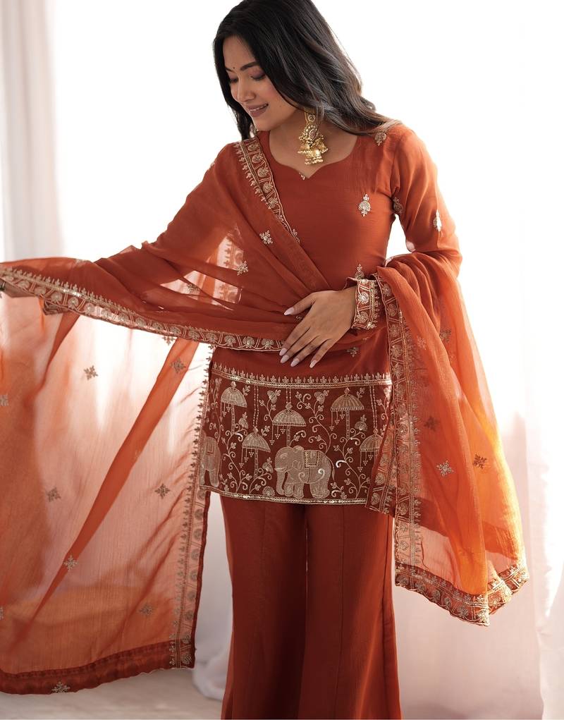 Women's rust embroidered crunchy silk kurta with bell bottom pant and dupatta festive ethnic suit set