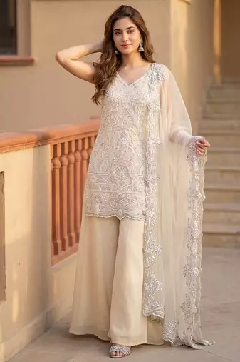 Off White Color Embroidery And Sequance Work Georgete Salwar Suit