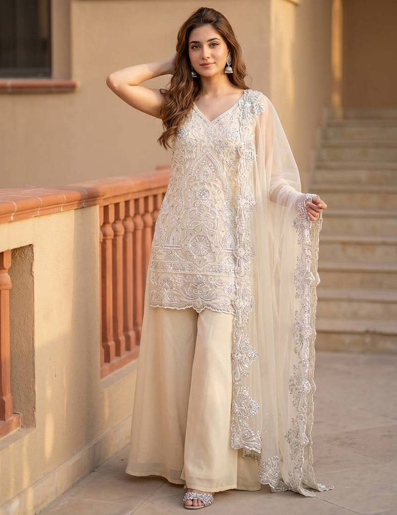 Off White Color Embroidery And Sequance Work Georgete Salwar Suit