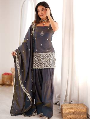 Women's charcoal grey embroidered vichitra silk straight kurta with farshi salwar and dupatta ethnic suit set 3