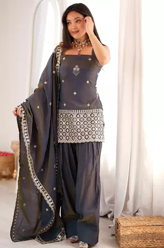 Women's charcoal grey embroidered vichitra silk straight kurta with farshi salwar and dupatta ethnic suit set