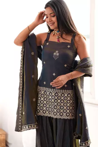 Women's charcoal grey embroidered vichitra silk straight kurta with farshi salwar and dupatta ethnic suit set