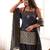 Women's charcoal grey embroidered vichitra silk straight kurta with farshi salwar and dupatta ethnic suit set