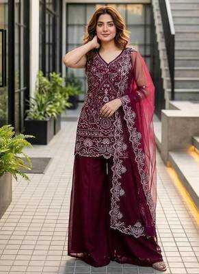 Wine Color Embroidery And Sequance Work Georgete Salwar Suit 1