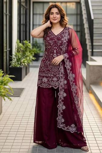 Wine Color Embroidery And Sequance Work Georgete Salwar Suit