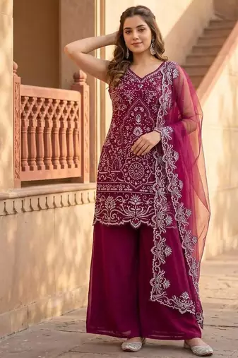 Wine Color Embroidery And Sequance Work Georgete Salwar Suit