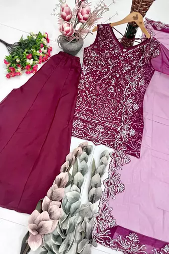 Wine Color Embroidery And Sequance Work Georgete Salwar Suit