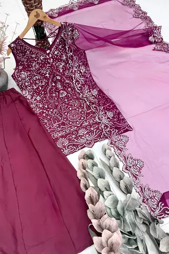 Wine Color Embroidery And Sequance Work Georgete Salwar Suit