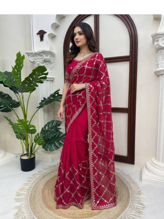 Red Color Thred With Sequnce Work Silk Blend Saree 1