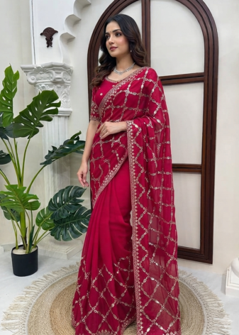 Red Color Thred With Sequnce Work Silk Blend Saree