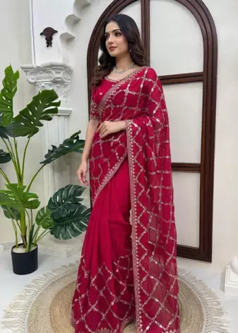Red Color Thred With Sequnce Work Silk Blend Saree