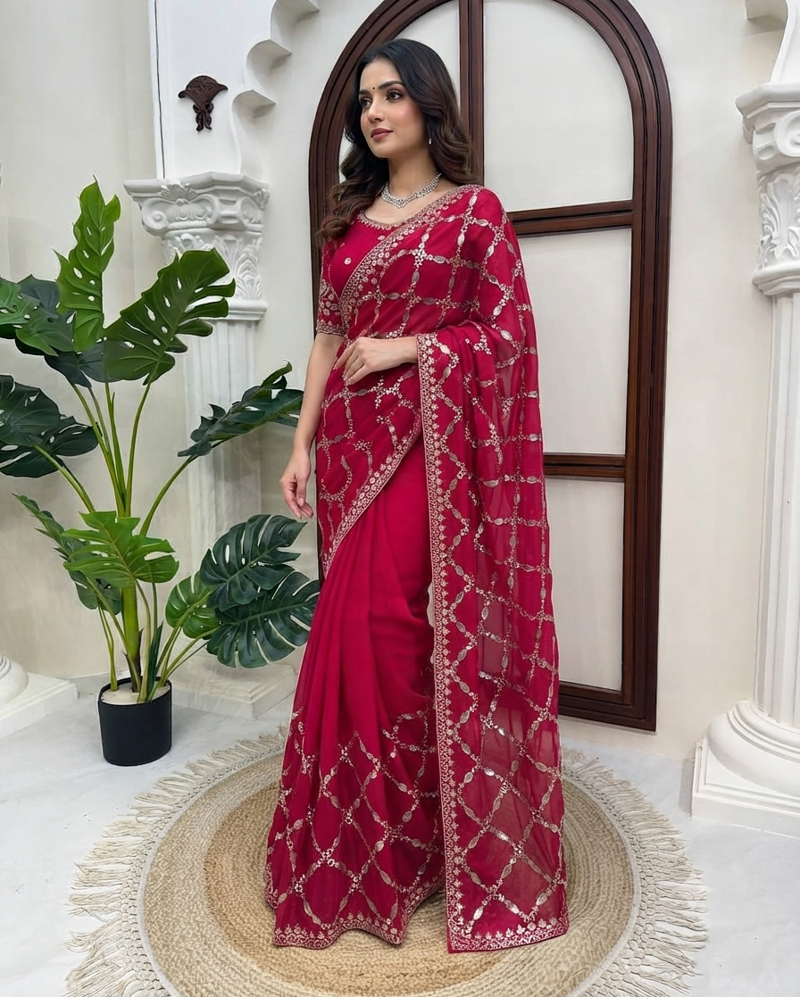 Red Color Thred With Sequnce Work Silk Blend Saree
