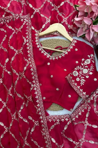 Red Color Thred With Sequnce Work Silk Blend Saree