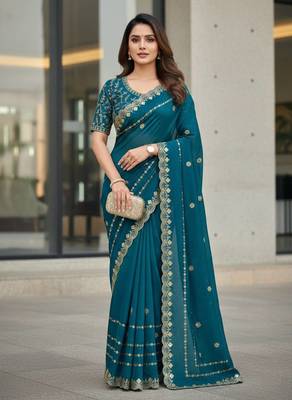 teal color designer embroidery work sequins jarl thread with cutwork border  satin silk blend saree 1