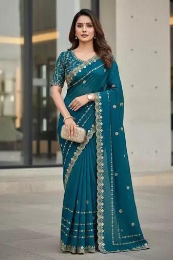 teal color designer embroidery work sequins jarl thread with cutwork border  satin silk blend saree