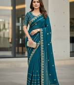 teal color designer embroidery work sequins jarl thread with cutwork border  satin silk blend saree