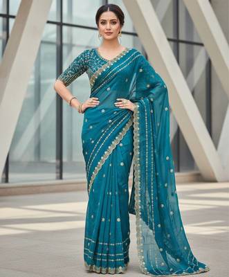 teal color designer embroidery work sequins jarl thread with cutwork border  satin silk blend saree 2