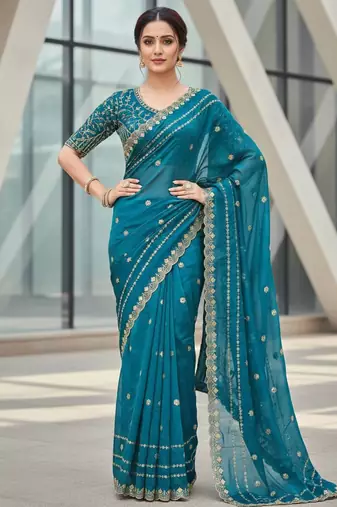 teal color designer embroidery work sequins jarl thread with cutwork border  satin silk blend saree