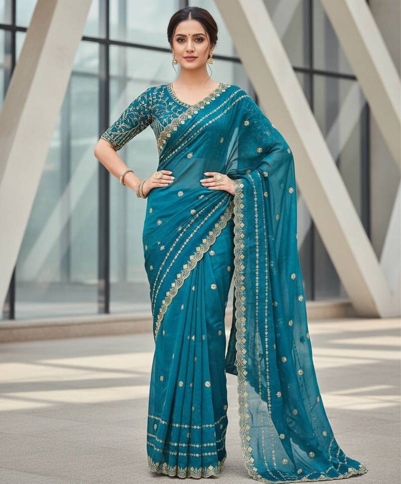 teal color designer embroidery work sequins jarl thread with cutwork border  satin silk blend saree