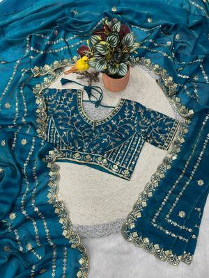 teal color designer embroidery work sequins jarl thread with cutwork border  satin silk blend saree 3