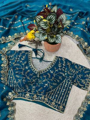 teal color designer embroidery work sequins jarl thread with cutwork border  satin silk blend saree 4
