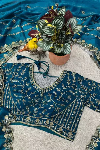 teal color designer embroidery work sequins jarl thread with cutwork border  satin silk blend saree