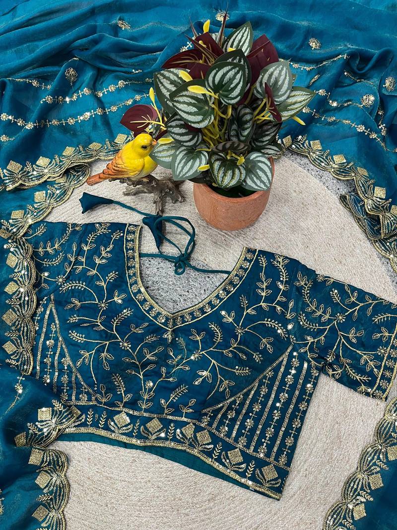 teal color designer embroidery work sequins jarl thread with cutwork border  satin silk blend saree