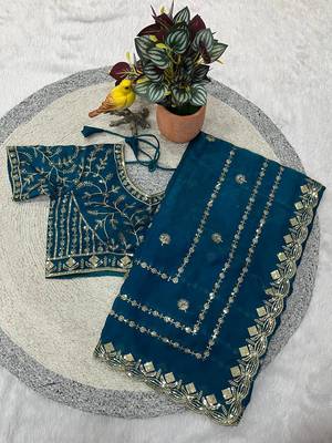 teal color designer embroidery work sequins jarl thread with cutwork border  satin silk blend saree 5