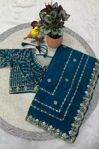 teal color designer embroidery work sequins jarl thread with cutwork border  satin silk blend saree