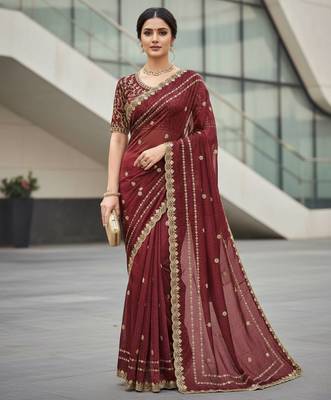 maroon color designer embroidery work sequins jarl thread with cutwork border  satin silk blend saree 1