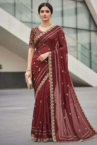 maroon color designer embroidery work sequins jarl thread with cutwork border  satin silk blend saree