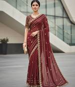 maroon color designer embroidery work sequins jarl thread with cutwork border  satin silk blend saree