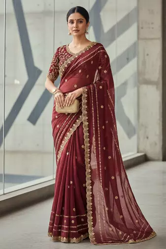 maroon color designer embroidery work sequins jarl thread with cutwork border  satin silk blend saree