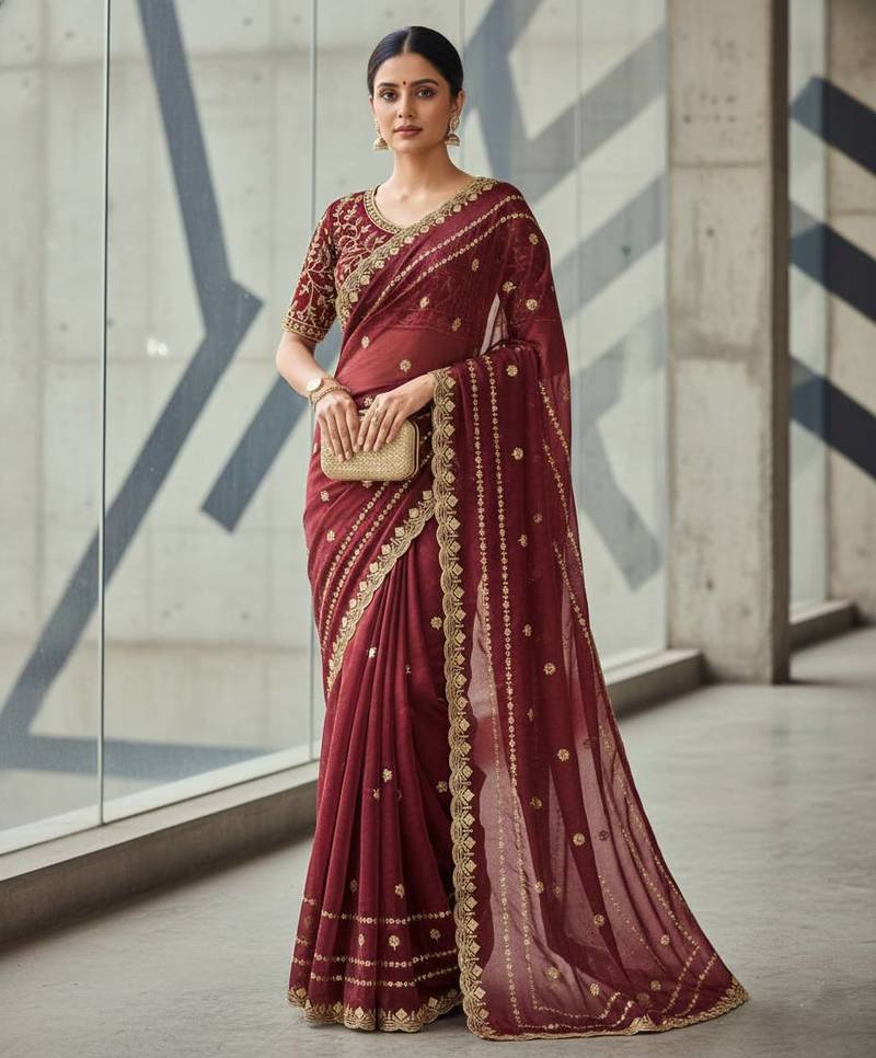 maroon color designer embroidery work sequins jarl thread with cutwork border  satin silk blend saree