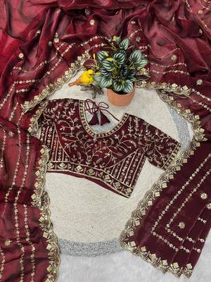 maroon color designer embroidery work sequins jarl thread with cutwork border  satin silk blend saree 3