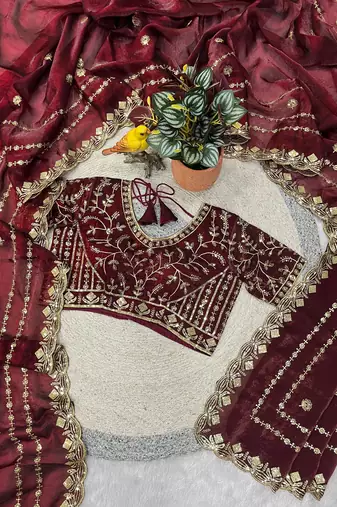 maroon color designer embroidery work sequins jarl thread with cutwork border  satin silk blend saree